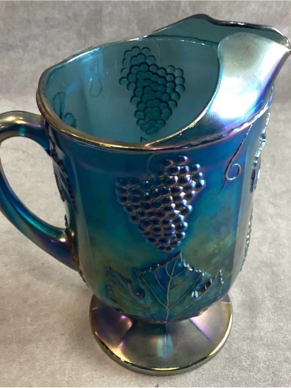 Indiana Glass Iridescent Blue Carnival Glass Pitcher with Grape Motif